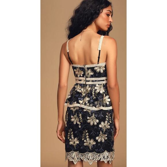 New Lulus XS Navy Blue Floral Embroidered Lace Trim Mini Dress Party - Picture 3 of 16